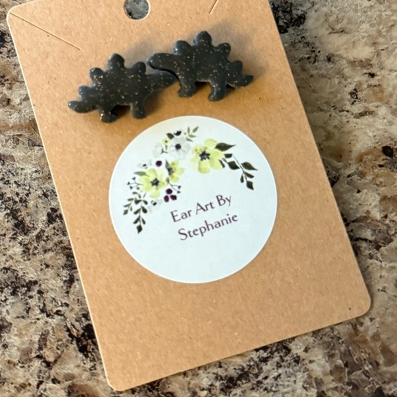 3/$20 Hand Crafted Ear Art by Stephanie Black Dinosaur Earrings - Picture 2 of 3